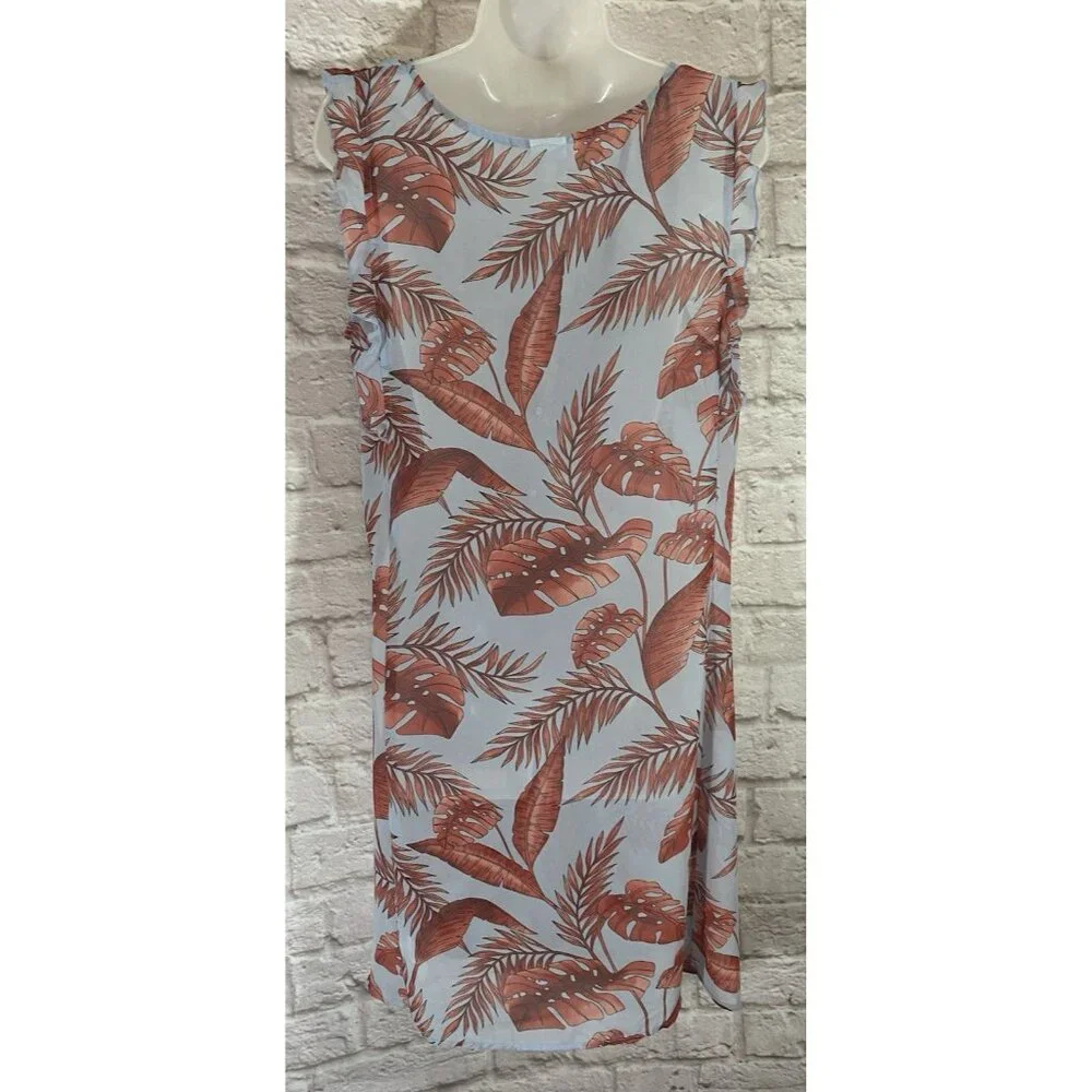 CAbi 5381 Isabel Blue Coral Palm Leaf Print Ruffle Summer Dress M Tropical Beach